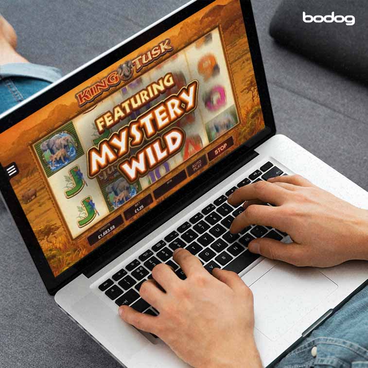 Hombre jugando el slot King Tusk en una computadora