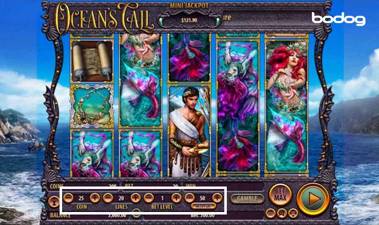 Pantalla del slot Ocean's Call mostrando donde hacer las apuestas