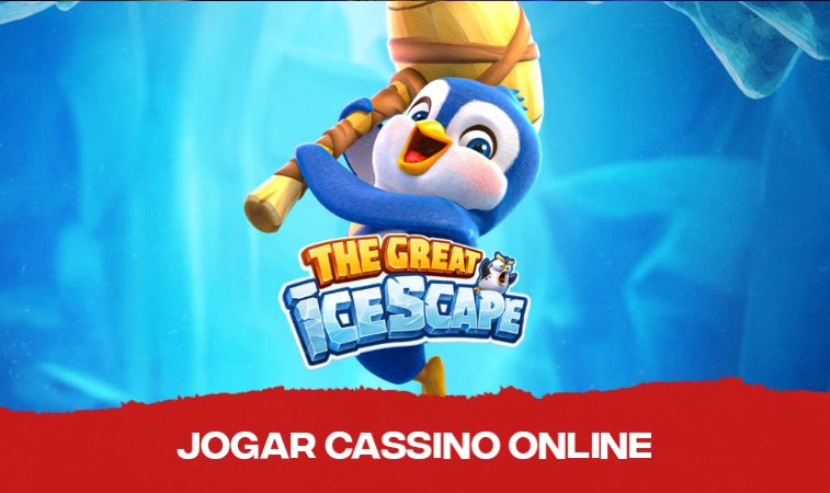 Pinguin do jogo Icescape com sua marreta e o logo do jogo centralizada