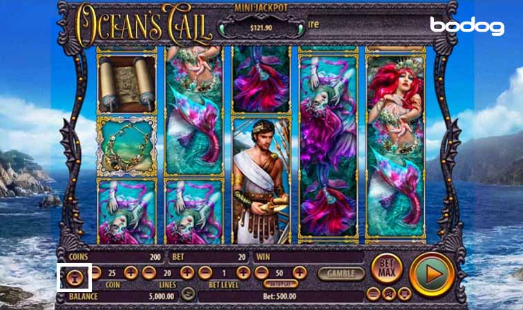 Pantalla del slot Ocean's Call mostrando botón de tabla de pagos
