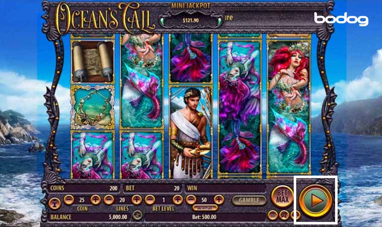 Pantalla del slot Ocean's Call mostrando botón de giro