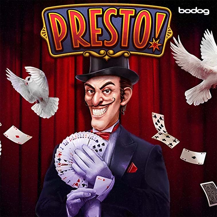 o mágico do jogo em evidência segurando cartas, com pombos e a logo do jogo na imagem