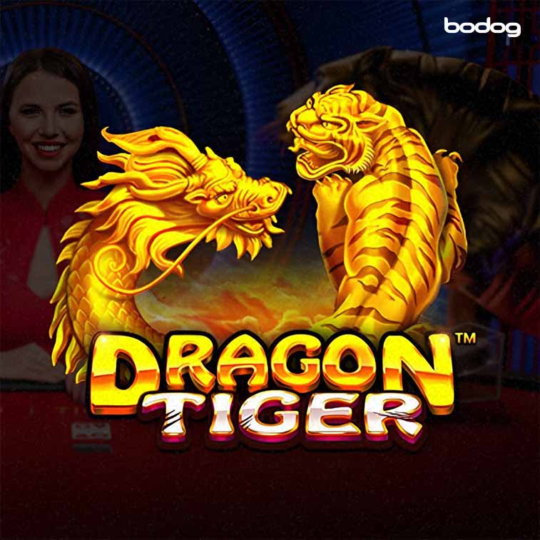 Dois dragões em 3D e o logo do jogo Dragon Tiger