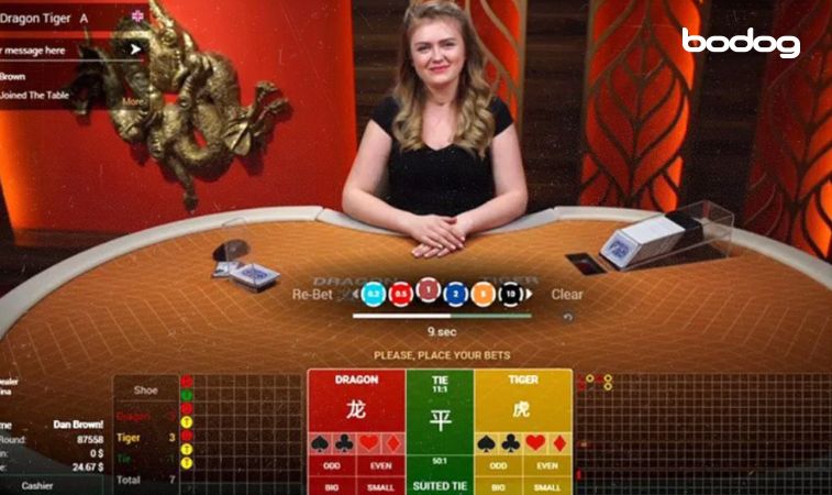 Dealer do Dragon Tiger e as opções de apostas na tela