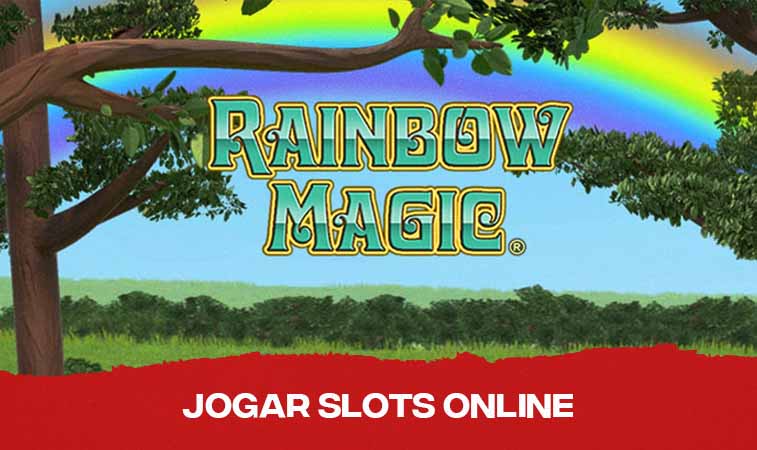 Logo de Rainbow Magic com árvores e arco íris ao fundo