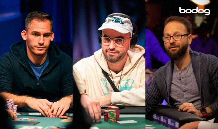 Justin Bonomo, Bryn Kenney e Daniel Negreanu disputando em partidas de poker