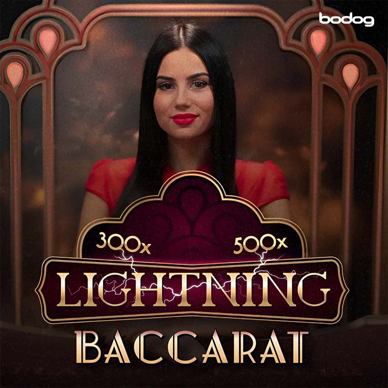 logo do jogo Lightning Baccarat com uma dealer no plano de fundo