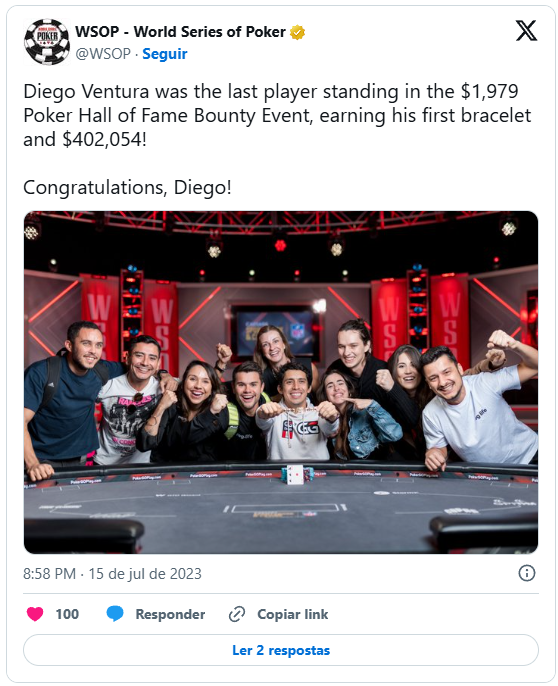 Postagem no X sobre o primeiro bracelete de Diego Ventura