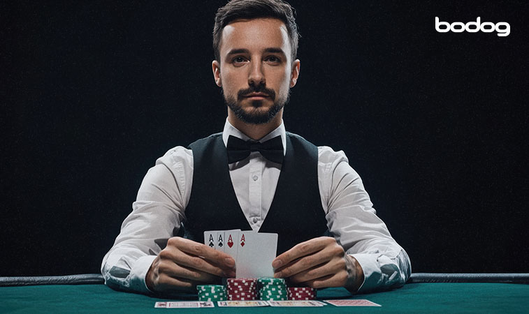 dealer poker cartas Dealer segurando cartas com quadra de ás