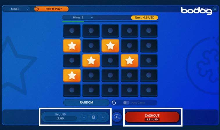 Pantalla de juego Mines destacando como apostar y cashout