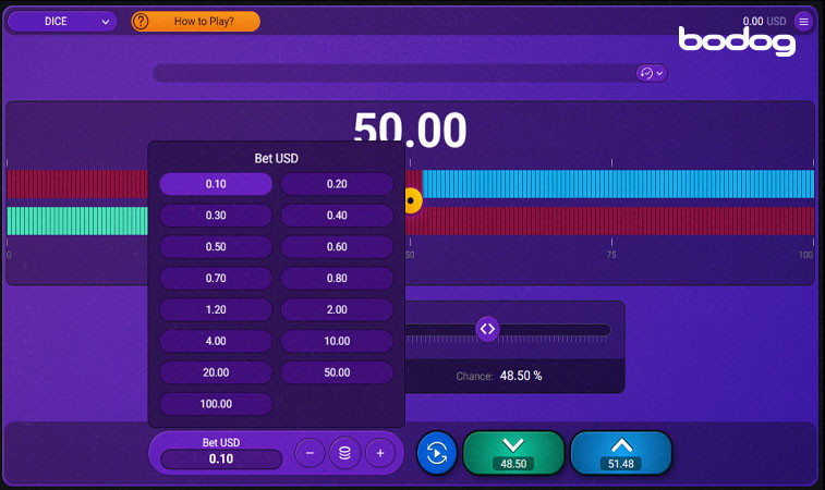 apuesta juego dice Pantalla del juego Dice mostrando como elegir el valor de la apuesta