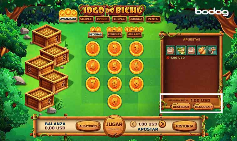 Pantalla del juego Jogo do Bicho mostrando barra de apuestas