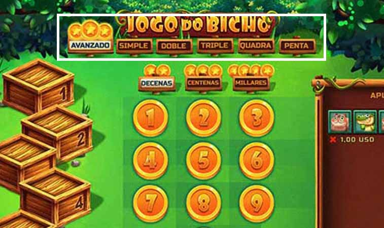 Pantalla del juego Jogo do Bicho mostrando tipos de jugada