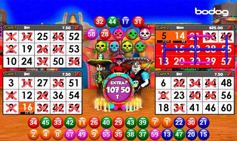 Cuatro tablas de Juego Bingo online Calaca Party y sus personajes mexicanos.