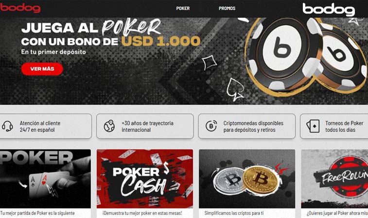 pantalla inicial del casino de Bodog con bonus y opciones de torneos