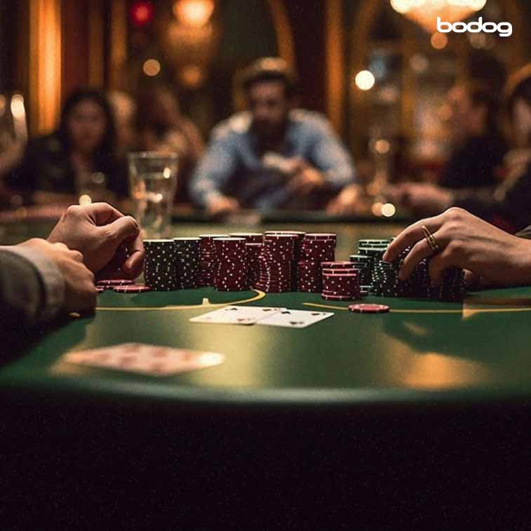 Mesa de poker con jugadores y fichas