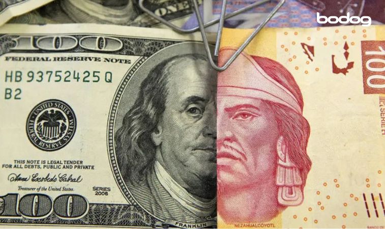 Billete de 100 dólares junto a billete de 100 pesos mexicanos