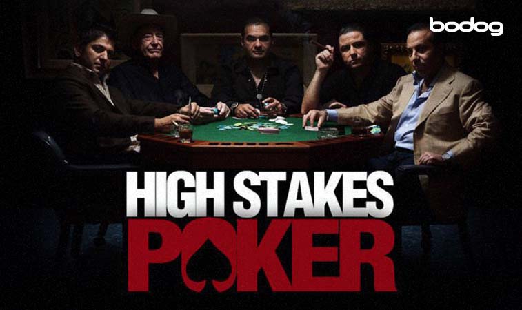 Logo de high stakes poker delante de jugadores