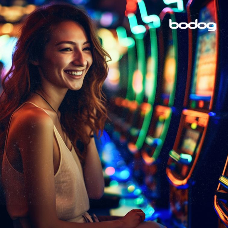 Mujer sonriendo frente a máquinas tragamonedas en un casino