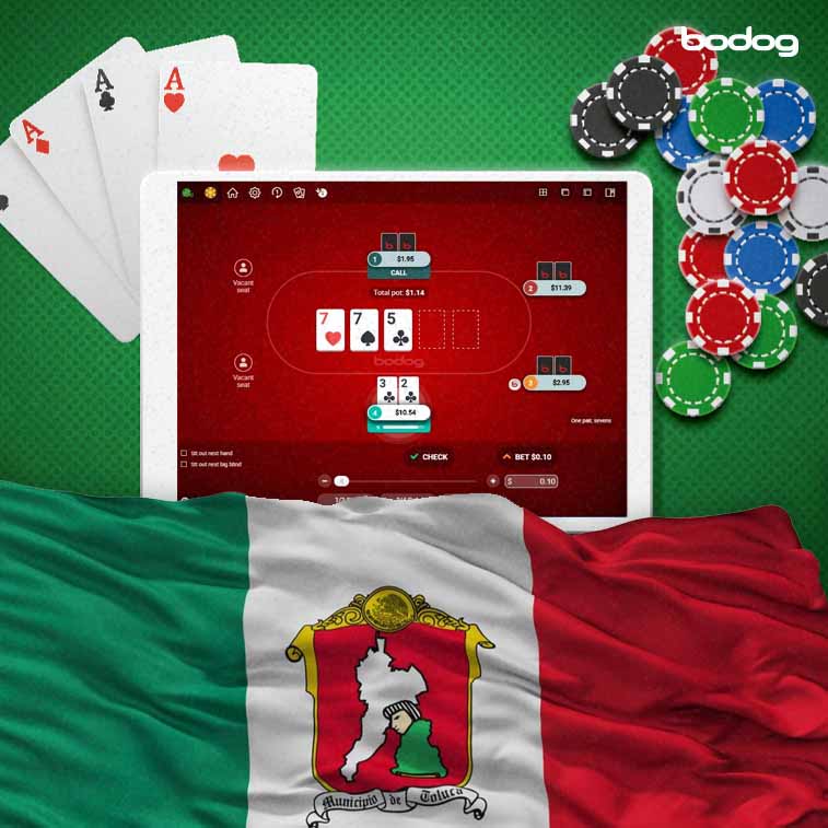 Bandera de Toluca con una tablet al fondo en una ronda de poker online en Bodog