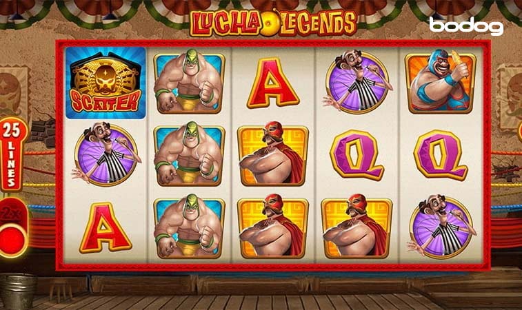 Pantalla del slot Lucha Legends en momento previo a la apuesta.