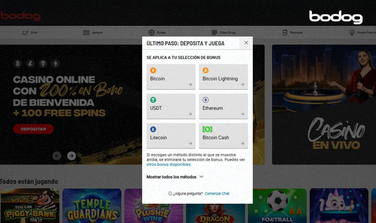 Pantalla de elección de cryptos en Bodog
