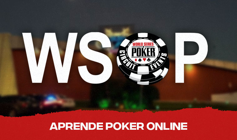 Logo del torneo de WSOP y al fondo, la entrada de Golden Island Casino