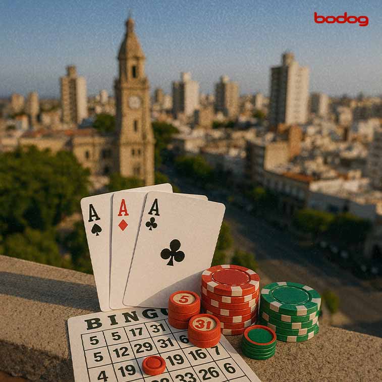 Ciudad de bahía blanca con cartas, fichas de poker y cartón de bingo