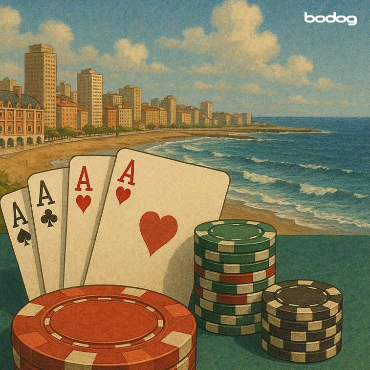 Ilustración de mar del plata con cartas y fichas de poker